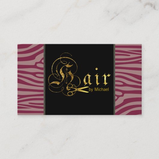 Gold Scissors Script Hair Stylist Modern Zebra #10 Visitekaartje (Voorkant)