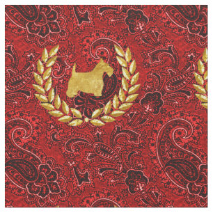 Gold Scottie Wreath Rich Red Paisley Stof