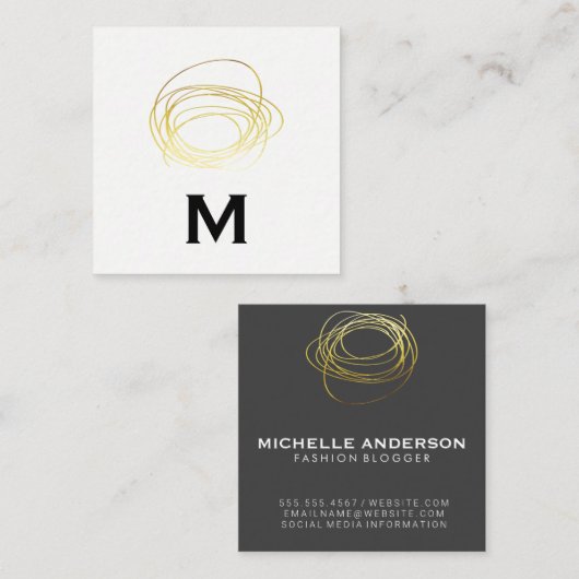 Gold Scribble / Monogram Vierkante Visitekaartje (Voorkant / Achterkant)