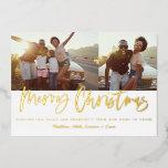 Gold script 2 foto modern folie feestdagenkaart<br><div class="desc">Goud script maakt kerstmis met multi-foto moderne ster en barst design uit.</div>