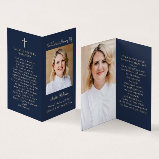 Gold Script 2 Photo Blue Memorial Folder Kaart (Binnen en buitenkant)