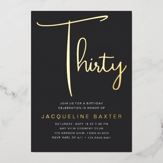 Gold Script 30e verjaardag Folie Uitnodiging (Voorkant)