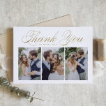 Gold Script 3 Photo Collage Wedding Bedankkaart<br><div class="desc">Gold Script 3 Collage Weddenschap met foto's Hartelijk dank | bedankt naar familie en vrienden sturen omdat ze deel uitmaken van je speciale dag met deze aanpasbare fotocollage, dank je wel. Het kenmerkt gouden elegante manuscript en eenvoudige typografie. Aangepast door je eigen details toe te voegen en je favoriete trouwfoto's...</div>