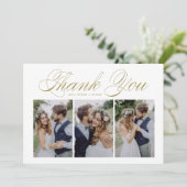 Gold Script 3 Photo Collage Wedding Bedankkaart (Staand voorkant)