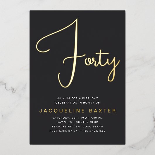 Gold Script 40e verjaardag Folie Uitnodiging (Voorkant)