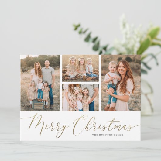 Gold Script 4 Foto's Vrolijk Kerstfeest Flat Feestdagenkaart (Staand voorkant)
