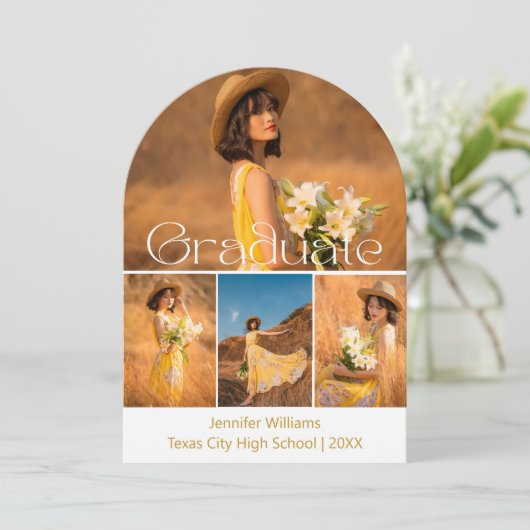 Gold Script 5 foto's Collage Afstuderen Party Arch Kaart (Staand voorkant)