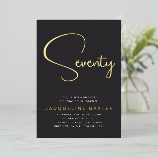 Gold Script 70e verjaardag Folie Uitnodiging (Staand Voorkant)