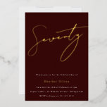 Gold Script 70th Birthday Party Burgundy Folie Uitnodiging<br><div class="desc">Gold Script 70th Birthday Party Burgundy Folie Uitnodiging Bekijk andere uitnodigingen in onze niche en nestwinkel</div>