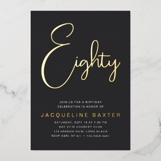 Gold Script 80th Birthday Party Folie Uitnodiging (Voorkant)
