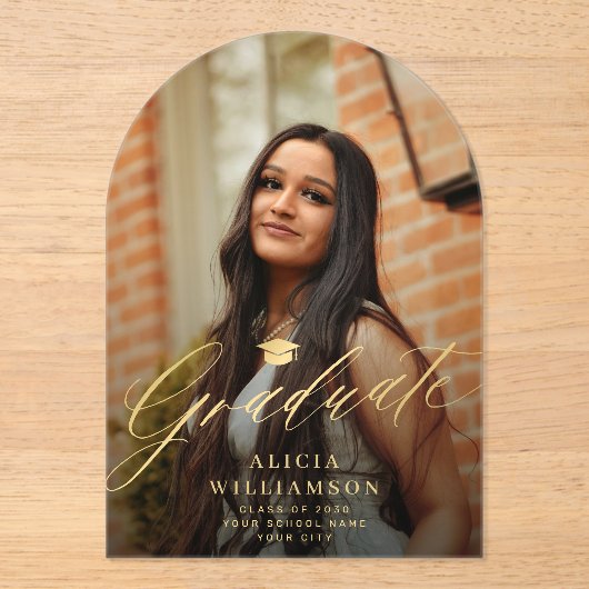 Gold script acryl foto afstuderen aankondiging (Voorkant)