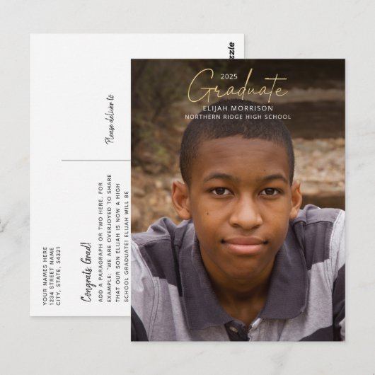 Gold Script Afstuderen minimalistisch 1-foto-Afstu Briefkaart (Voorkant / Achterkant)