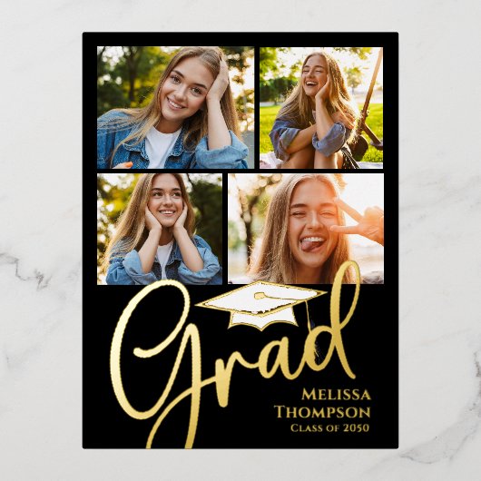 Gold Script Afstuderen Photo Collage Invitation Folie Uitnodiging Briefkaart (Voorkant)