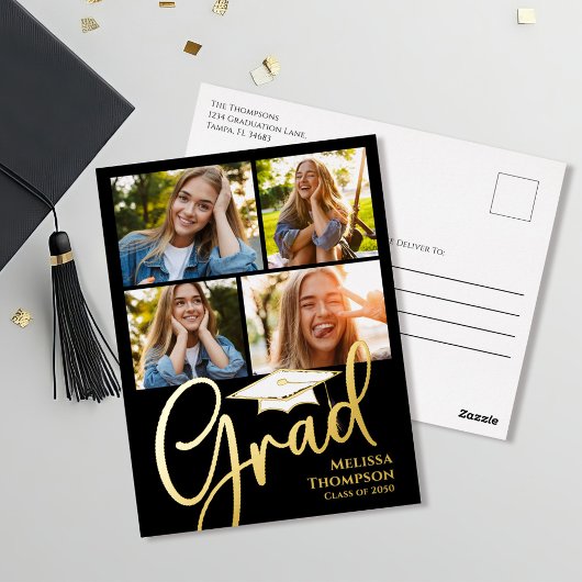 Gold Script Afstuderen Photo Collage Invitation Folie Uitnodiging Briefkaart