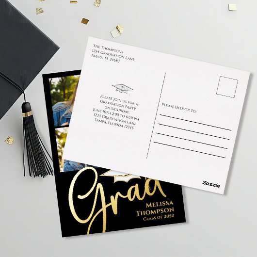 Gold Script Afstuderen Photo Collage Invitation Folie Uitnodiging Briefkaart