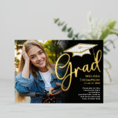 Gold Script Afstuderen Photo Template Eenvoudig Folie Uitnodiging (Staand Voorkant)