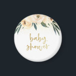 Gold Script Baby shower Blush Pink Floral Magneet<br><div class="desc">Deze magneet is voorzien van "baby shower" in een modern scriptlettertype dat is gefraaid door drie wazige roze bloemen en gouden confetti.</div>