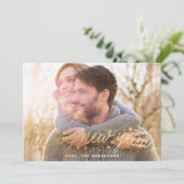 Gold Script Big Photo Happy New Year Kaart (Staand voorkant)