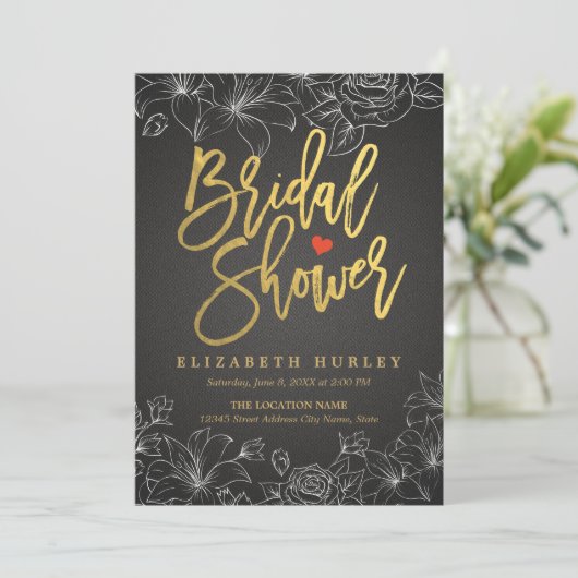 Gold Script Black Linen White Floral Vrijgezellenf Kaart (Staand voorkant)