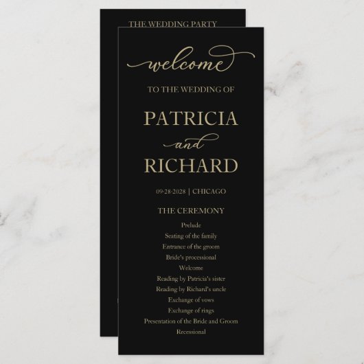 Gold Script Black Wedding Ceremony Program Programmakaart (Voorkant / Achterkant)