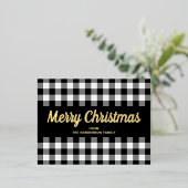 Gold Script Black White Gingham Merry kerst Folie Feestdagen Briefkaart (Staand Voorkant)