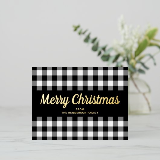 Gold Script Black White Gingham Merry kerst Folie Feestdagen Briefkaart (Staand Voorkant)