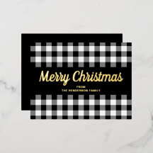 Gold Script Black White Gingham Merry kerst