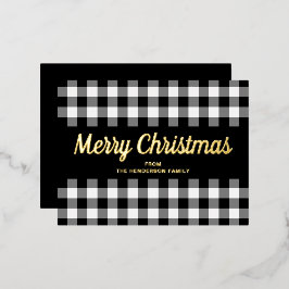 Gold Script Black White Gingham Merry kerst Folie Feestdagen Briefkaart