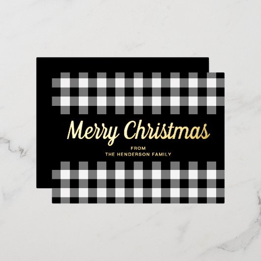Gold Script Black White Gingham Merry kerst Folie Feestdagen Briefkaart (Voorkant / Achterkant)