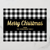 Gold Script Black White Gingham Merry kerst Folie Feestdagen Briefkaart (Voorkant)
