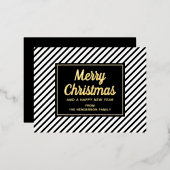 Gold Script Black White Striped Merry Kerstry Folie Feestdagen Briefkaart (Voorkant / Achterkant)
