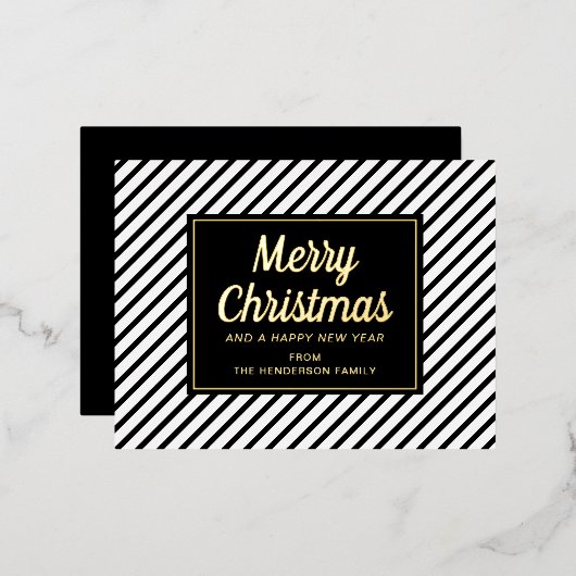 Gold Script Black White Striped Merry Kerstry Folie Feestdagen Briefkaart (Voorkant / Achterkant)