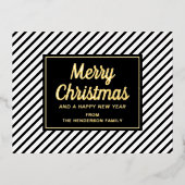 Gold Script Black White Striped Merry Kerstry Folie Feestdagen Briefkaart (Voorkant)