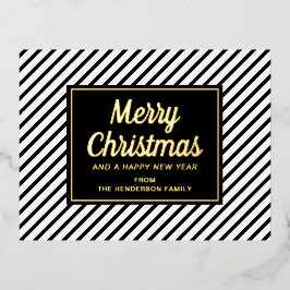 Gold Script Black White Striped Merry Kerstry Folie Feestdagen Briefkaart
