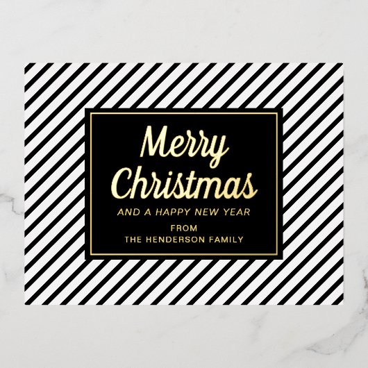Gold Script Black White Striped Merry Kerstry Folie Feestdagen Briefkaart (Voorkant)