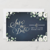 Gold script blauw wit floral save the date (Voorkant)