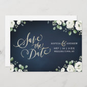 Gold script blauw wit floral save the date (Voorkant / Achterkant)