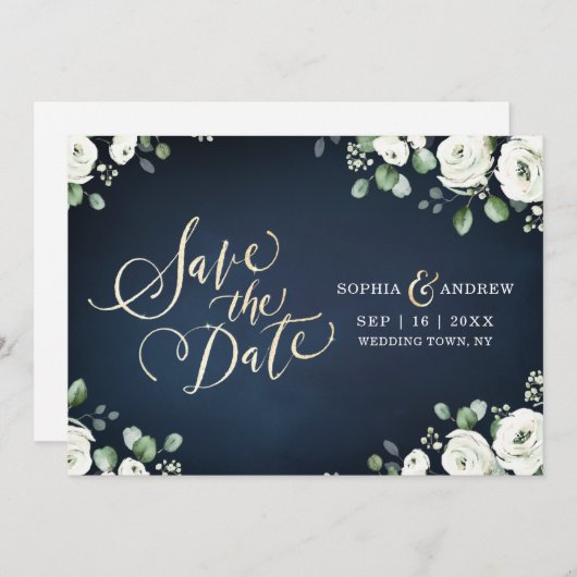 Gold script blauw wit floral save the date (Voorkant / Achterkant)
