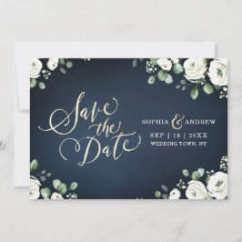 Gold script blauw wit floral save the date