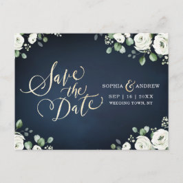 Gold script blauw wit floral save the date aankondigingskaart