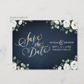 Gold script blauw wit floral save the date aankondigingskaart (Voorkant / Achterkant)