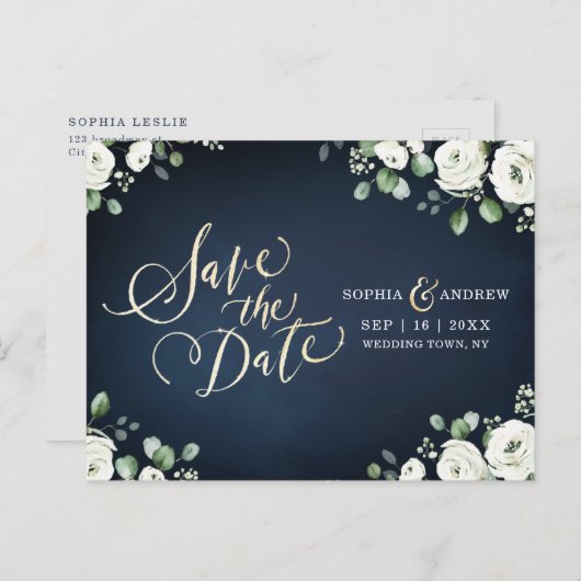 Gold script blauw wit floral save the date aankondigingskaart (Voorkant / Achterkant)