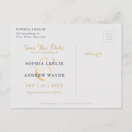 Gold script blauw wit floral save the date aankondigingskaart (Achterkant)