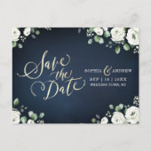 Gold script blauw wit floral save the date aankondigingskaart (Voorkant)