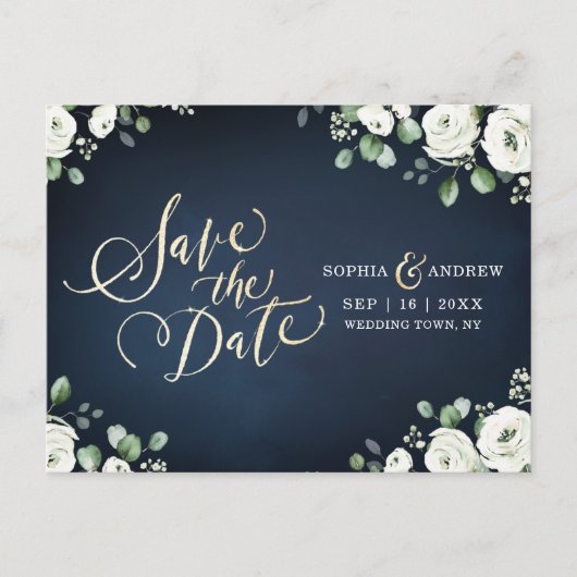 Gold script blauw wit floral save the date aankondigingskaart (Voorkant)