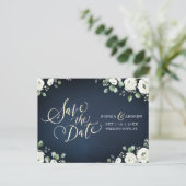 Gold script blauw wit floral save the date aankondigingskaart (Staand voorkant)