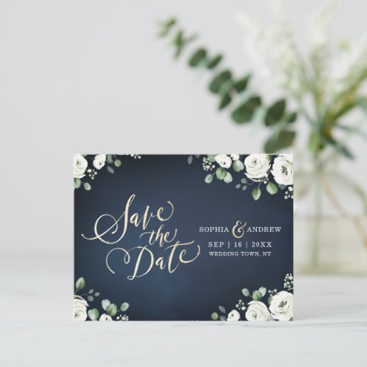 Gold script blauw wit floral save the date aankondigingskaart (Staand voorkant)