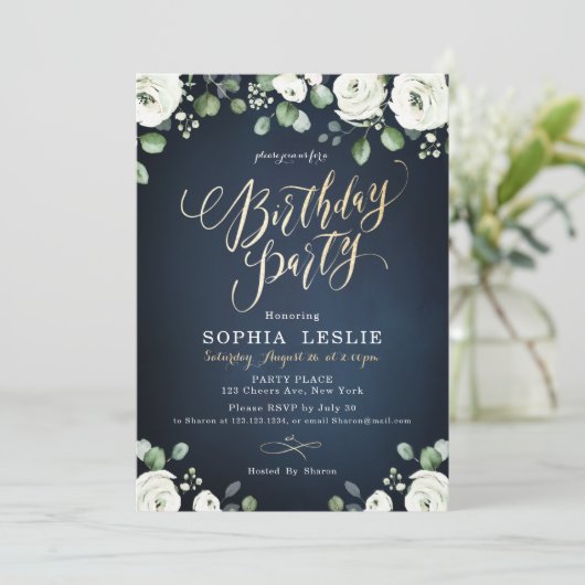 Gold script blauw witte florale verjaardagsfeest kaart (Staand voorkant)