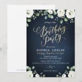 Gold script blauw witte florale verjaardagsfeest kaart (Voorkant / Achterkant)