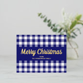 Gold Script Blue Gingham Merry kerst Folie Feestdagen Briefkaart (Staand Voorkant)